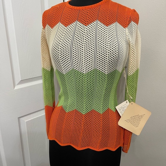 Vintage Chateau Du Tricot Mod Knit Mesh Top 70s Color Block Orange Green Cream 7 - Picture 2 of 11